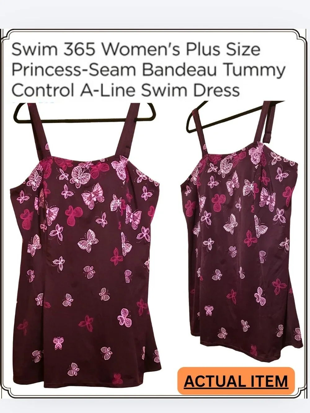 NWOT/Swim 365- Bandeau A-Line Swim Dress - Burgundy & Pink Butterflies  24W